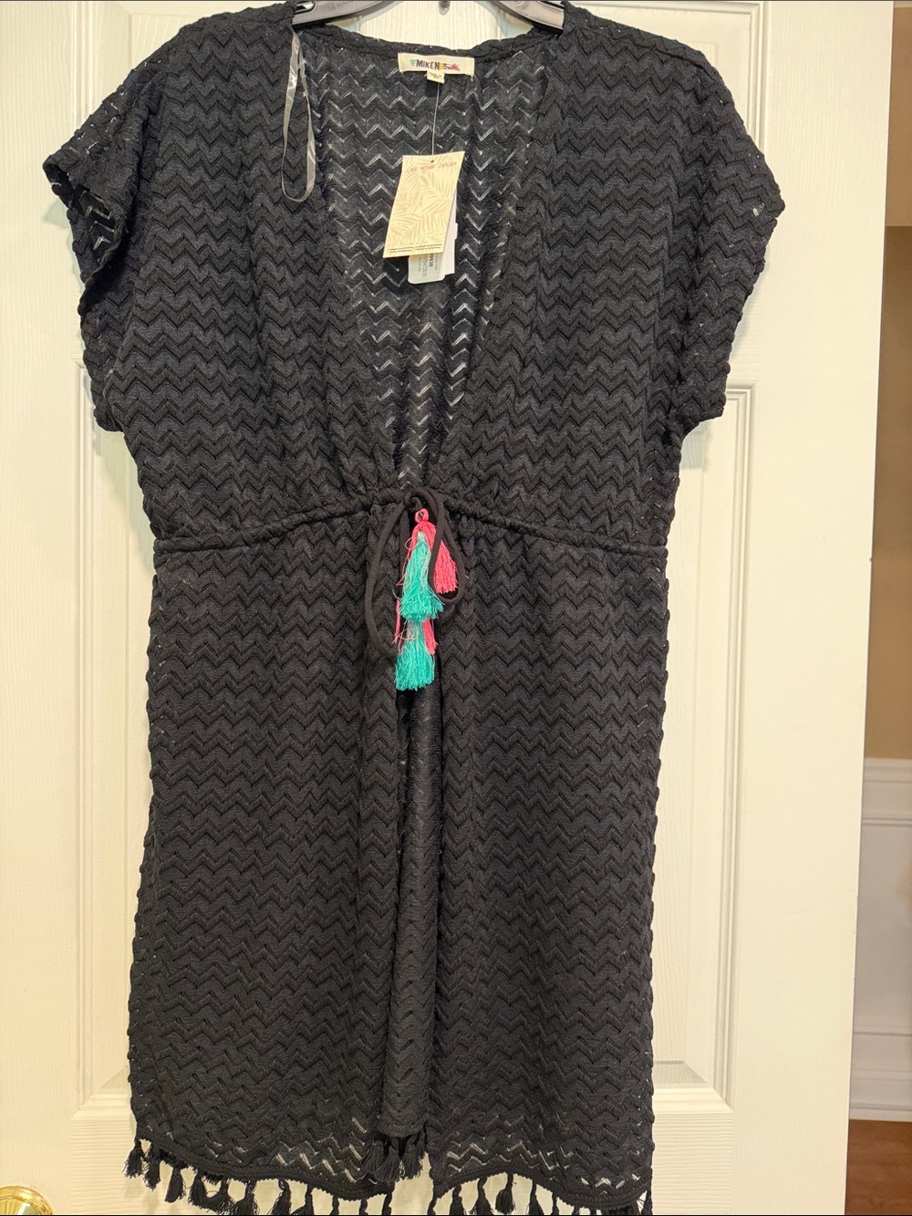 Women’s Miken Black Chevron Knit tie-front Cover-Up with Tassel Detail
